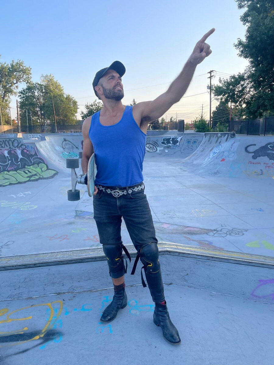 Owen Seay pointing, at a skatepark